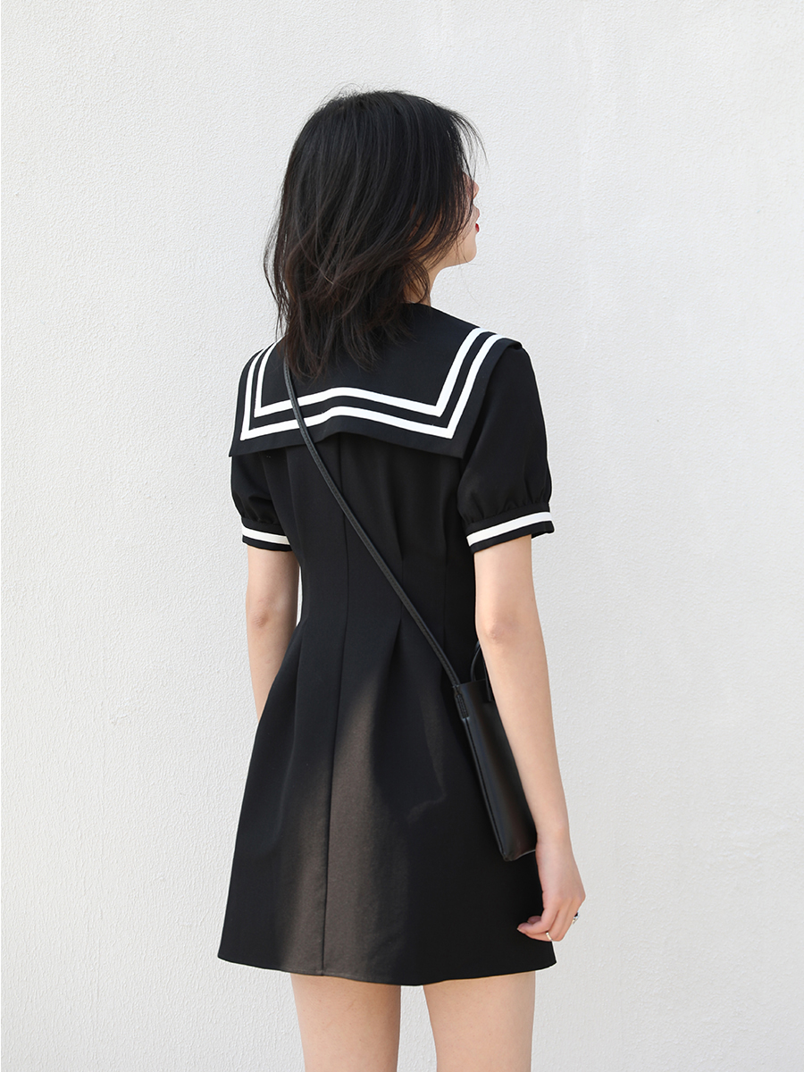 2026 Summer Puff Sleeve Little Black Dress Plus Size Sailor Collar A-Line M-4XL