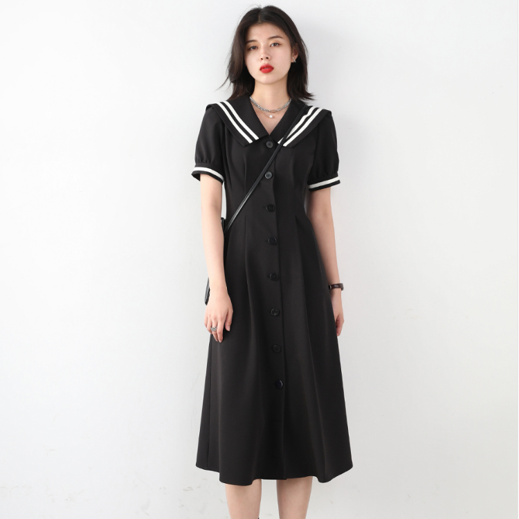 2026 Summer Puff Sleeve Little Black Dress Plus Size Sailor Collar A-Line M-4XL