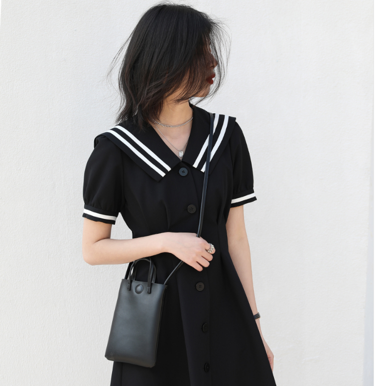 2026 Summer Puff Sleeve Little Black Dress Plus Size Sailor Collar A-Line M-4XL - Image 3