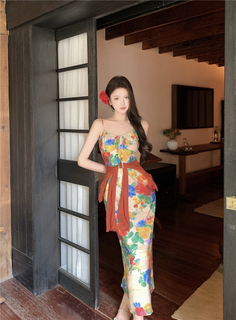Vintage Floral Sleeveless Long Dress for Women Summer