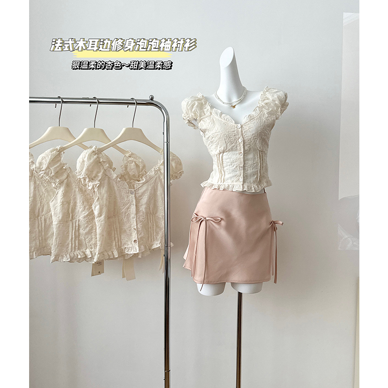 French Style Ruffle Trim Solid Color Puff Sleeve One Shoulder Two Way Short Sleeve Chiffon Top for Women