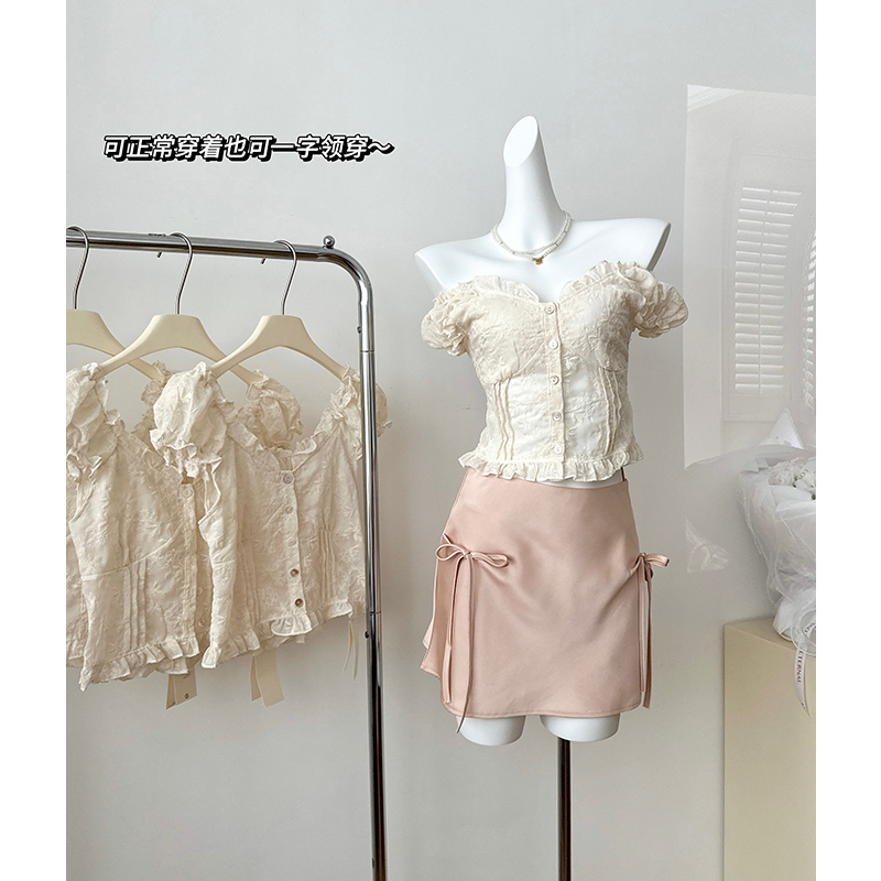French Style Ruffle Trim Solid Color Puff Sleeve One Shoulder Two Way Short Sleeve Chiffon Top for Women