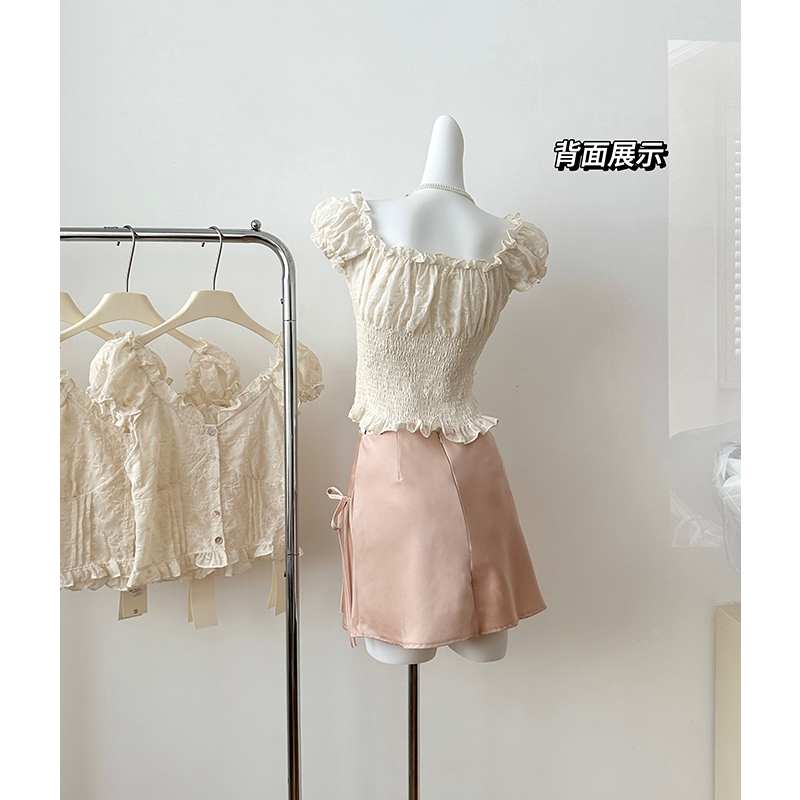 French Style Ruffle Trim Solid Color Puff Sleeve One Shoulder Two Way Short Sleeve Chiffon Top for Women - Image 3