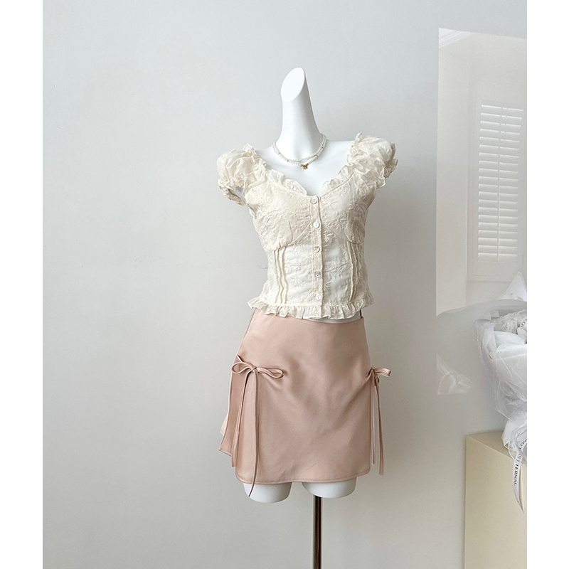French Style Ruffle Trim Solid Color Puff Sleeve One Shoulder Two Way Short Sleeve Chiffon Top for Women - Image 4