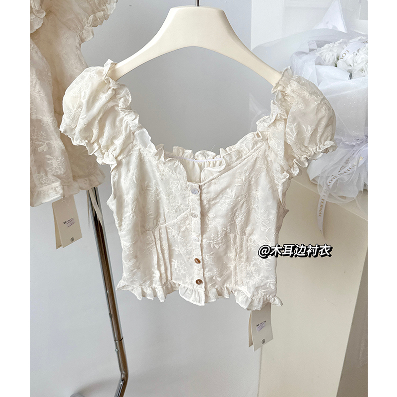French Style Ruffle Trim Solid Color Puff Sleeve One Shoulder Two Way Short Sleeve Chiffon Top for Women - Image 5