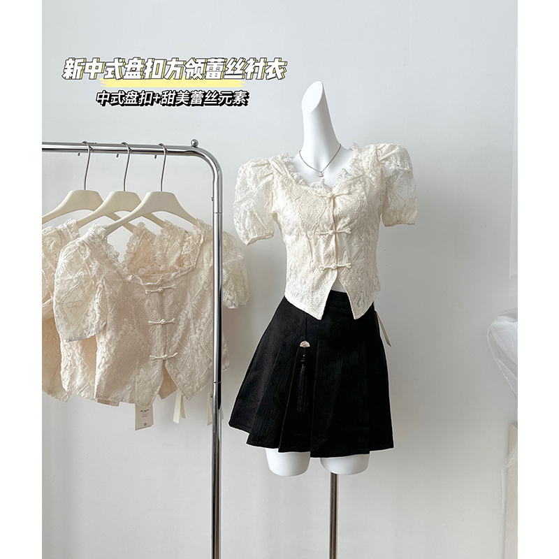 New Chinese Style Square Neck Embroidered Pankou Chiffon Short Sleeve Top