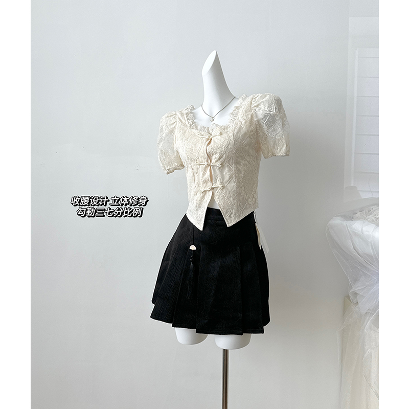 New Chinese Style Square Neck Embroidered Pankou Chiffon Short Sleeve Top