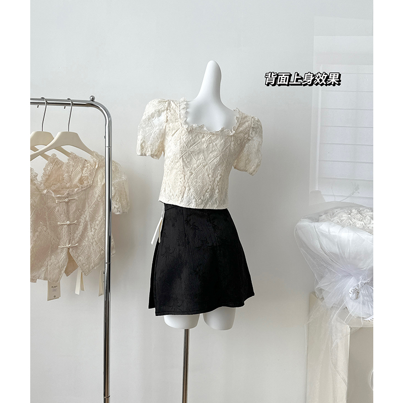 New Chinese Style Square Neck Embroidered Pankou Chiffon Short Sleeve Top - Image 3