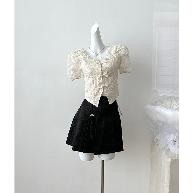 New Chinese Style Square Neck Embroidered Pankou Chiffon Short Sleeve Top - Image 4