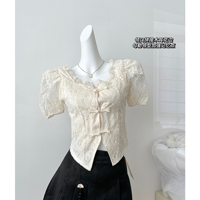 New Chinese Style Square Neck Embroidered Pankou Chiffon Short Sleeve Top - Image 5