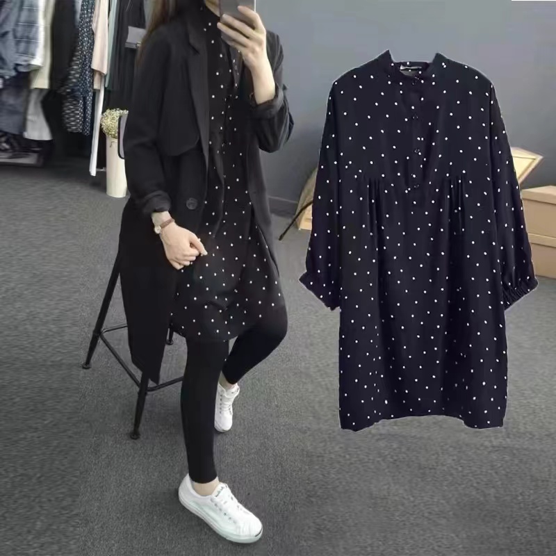 2026 Autumn Plus Size Polka Dot Loose Midi Shirt Dress