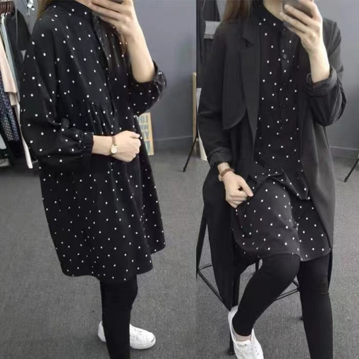 2026 Autumn Plus Size Polka Dot Loose Midi Shirt Dress