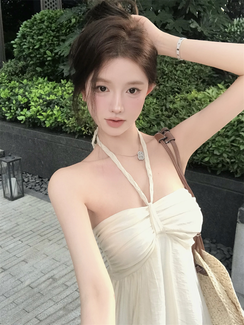 Women's Summer Halter Neck Strapless A-Line Midi Dress French Style Flowy Vacation Dress