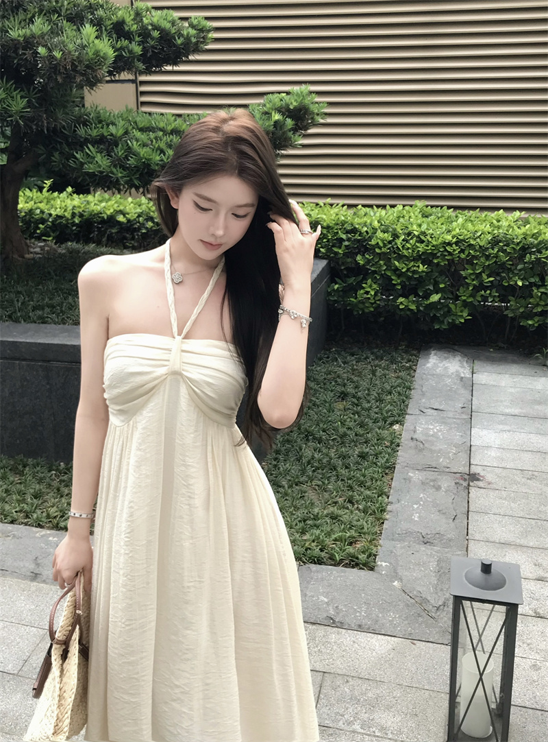 Women’s Summer Halter Neck Strapless A-Line Midi Dress French Style Flowy Vacation Dress