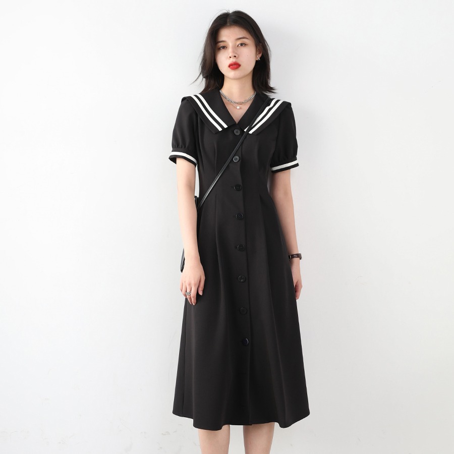 2026 Summer Puff Sleeve Little Black Dress Plus Size Sailor Collar A-Line M-4XL - Image 4