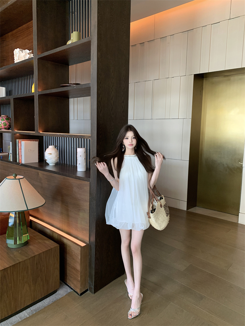 Elegant Rhinestone Halter Mesh Sleeveless Short Dress