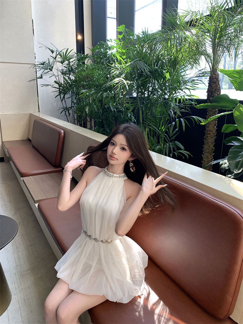 Elegant Rhinestone Halter Mesh Sleeveless Short Dress