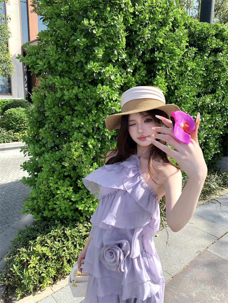 Women’s Halter Ruffle Layered Mini Dress Purple Sleeveless A-Line Chiffon Summer