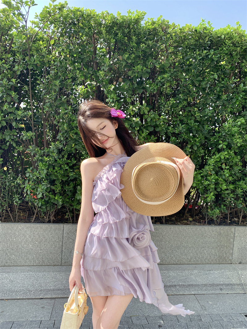 Women's Halter Ruffle Layered Mini Dress Purple Sleeveless A-Line Chiffon Summer - Image 3