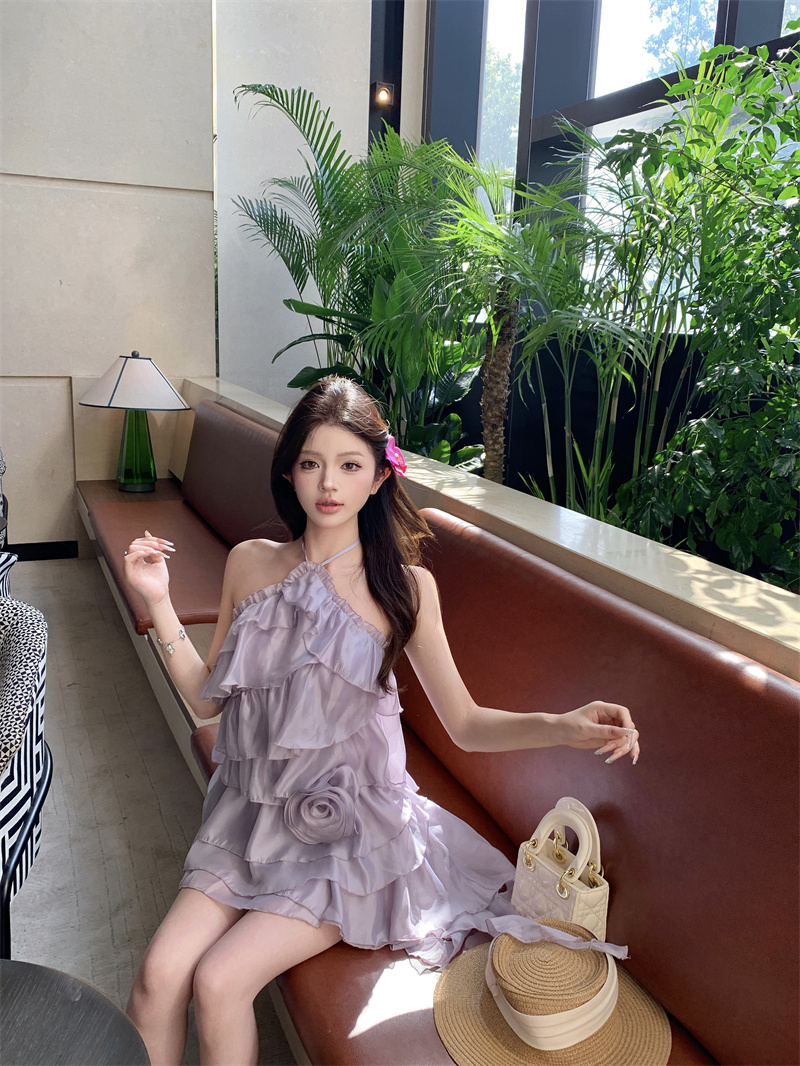 Women's Halter Ruffle Layered Mini Dress Purple Sleeveless A-Line Chiffon Summer - Image 4