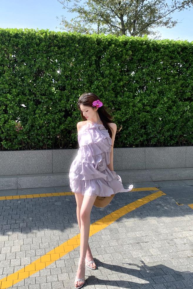 Women's Halter Ruffle Layered Mini Dress Purple Sleeveless A-Line Chiffon Summer - Image 5
