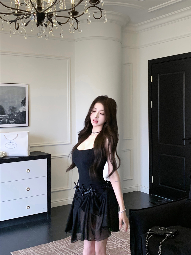 Sweet High-Waist A-Line Sleeveless Cami Mini Dress with Bow