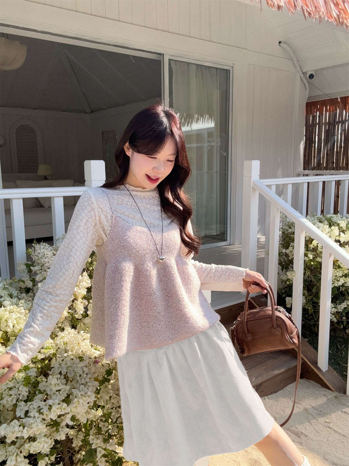 Sweet Stand Collar Long Sleeve Lace Top and Cami Two Piece Set