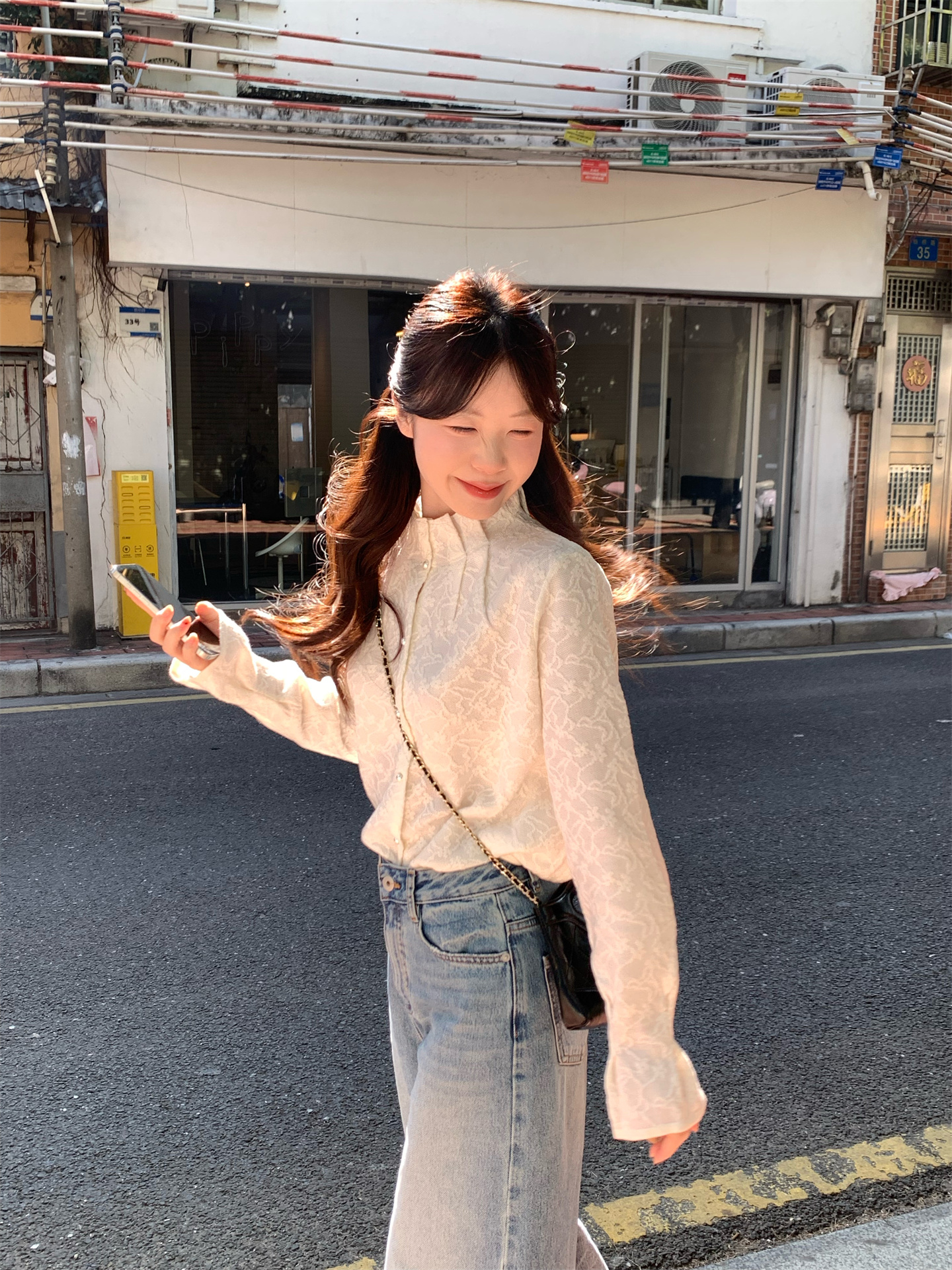 2026 Early Spring Stand Collar Pleated Jacquard Lantern Sleeve Blouse for Women