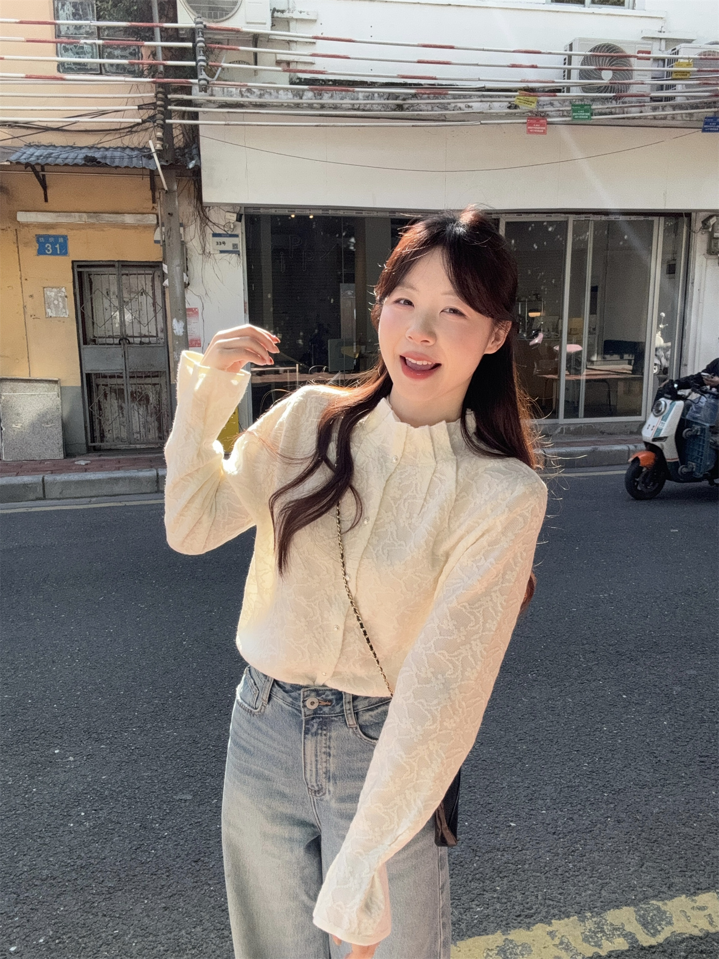 2026 Early Spring Stand Collar Pleated Jacquard Lantern Sleeve Blouse for Women - Image 3