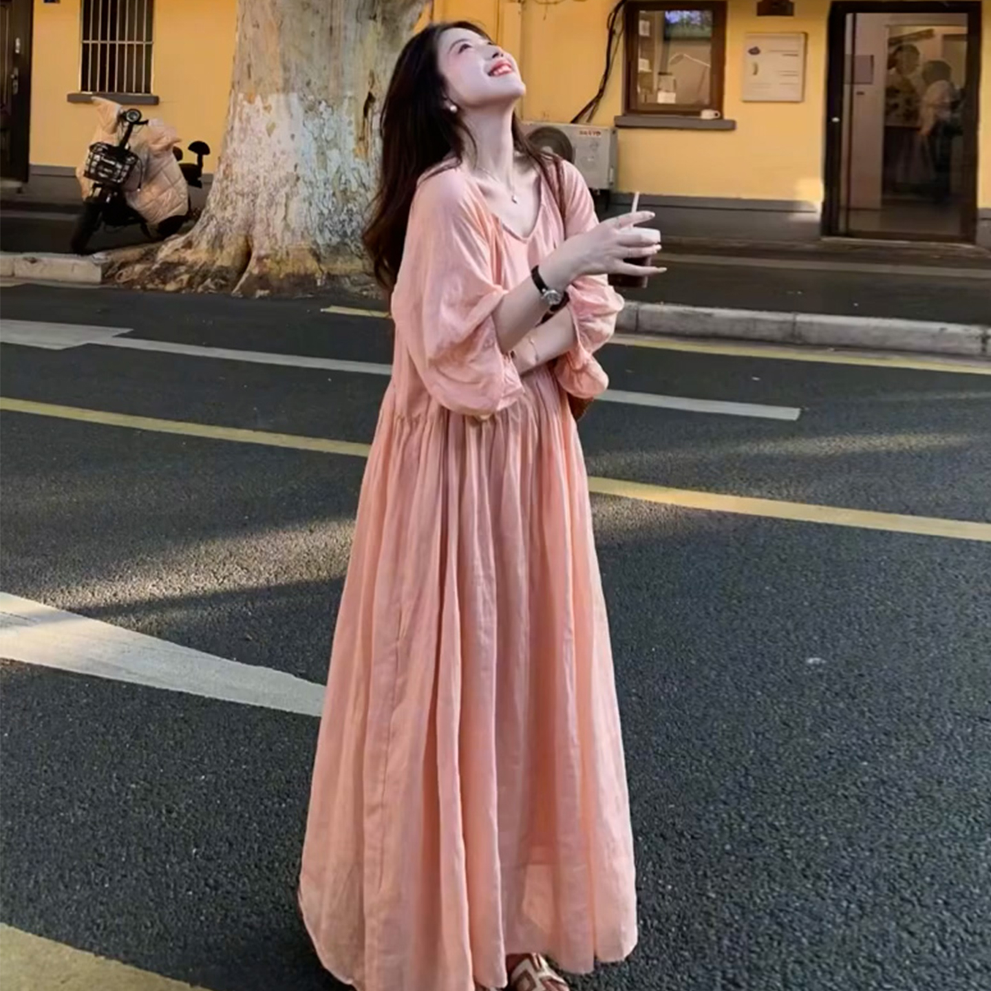 Summer New Plus Size French V-Neck Tie Dress Loose Long A-Line Dress