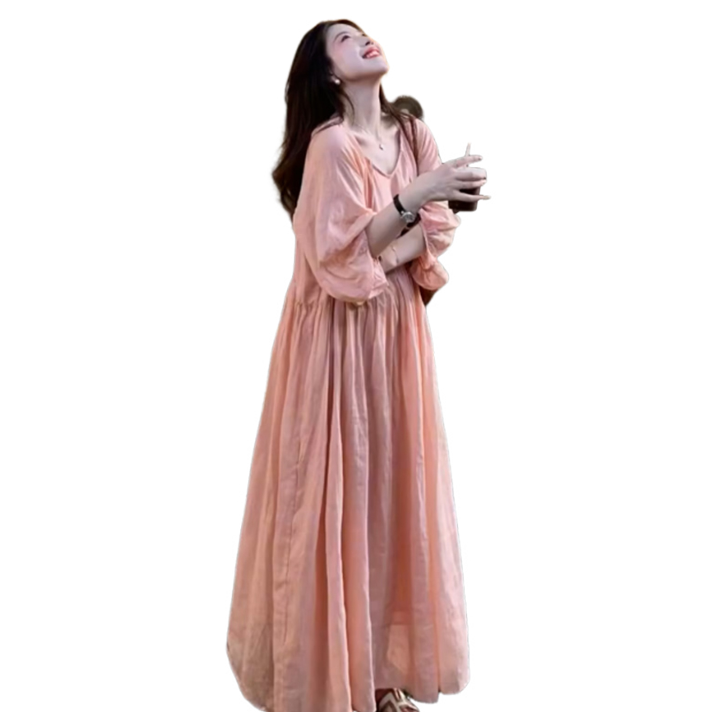 Summer New Plus Size French V-Neck Tie Dress Loose Long A-Line Dress - Image 5