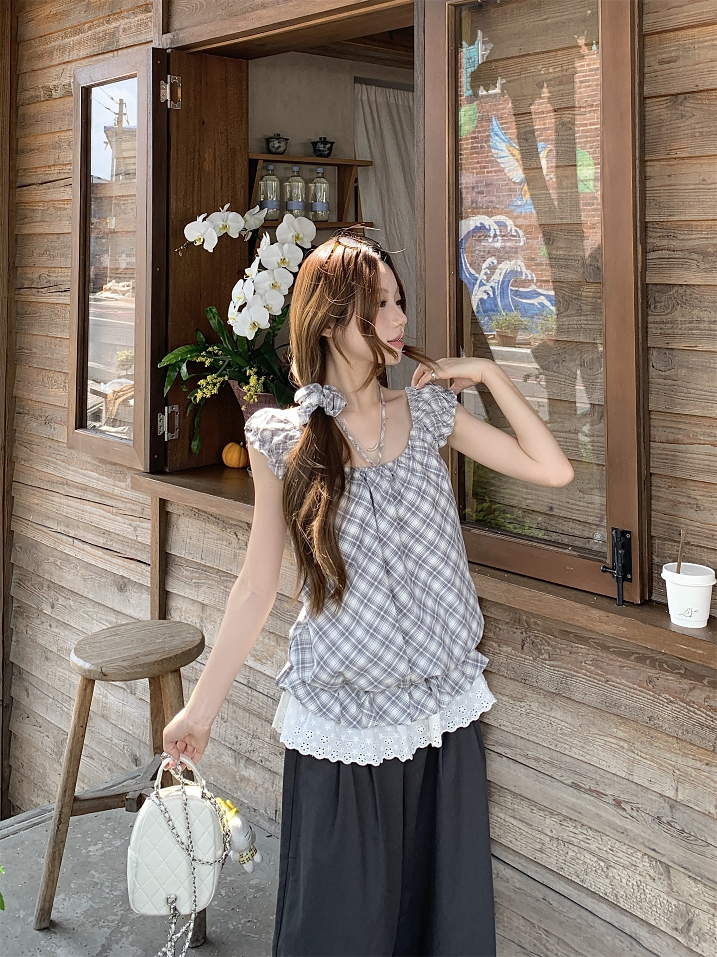 Women’s Plaid Lace Trim Halter Short Sleeve Top