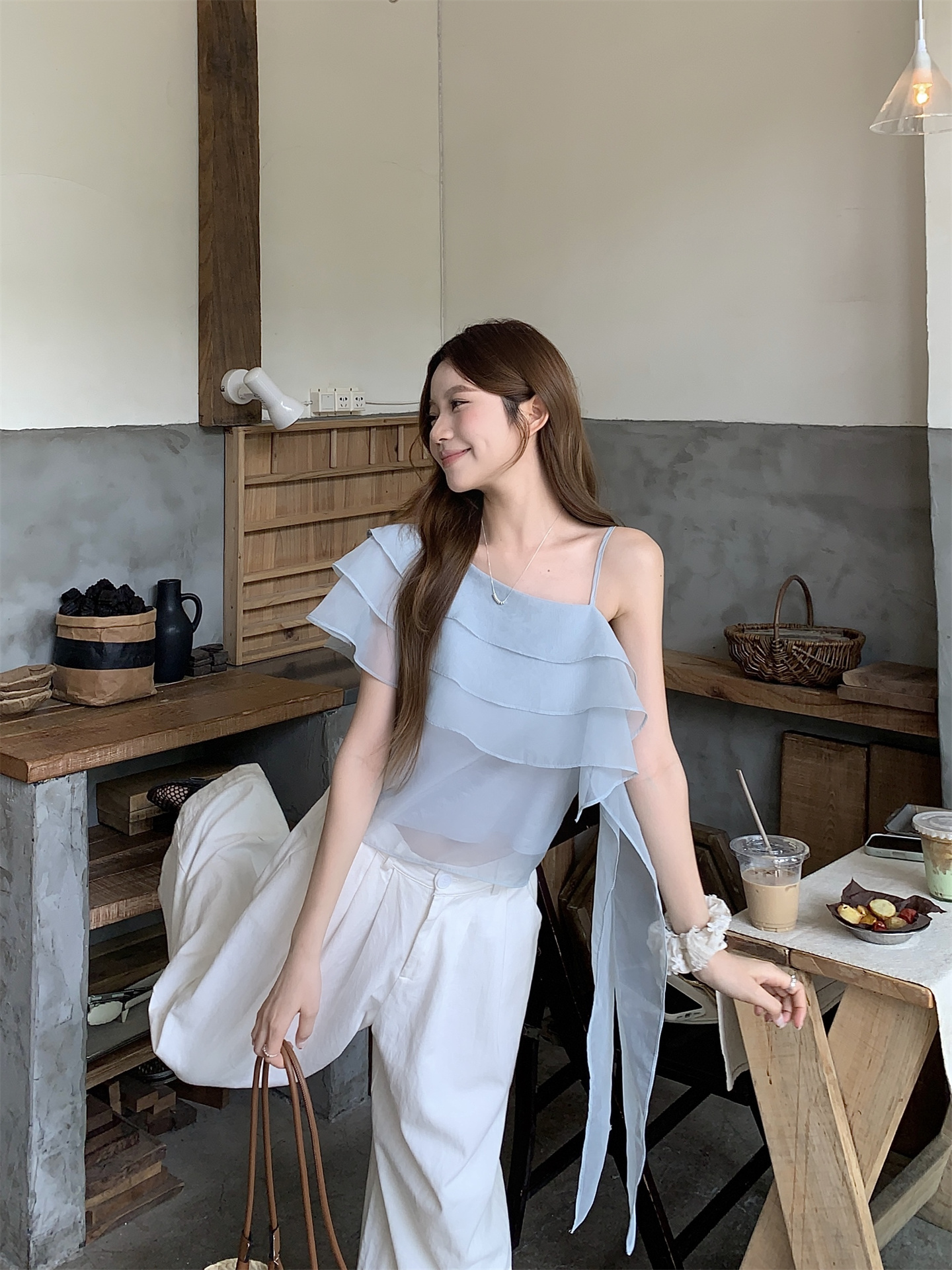 French Style Sleeveless Chiffon Blouse with Ruffle and Ribbon Detail - Image 3