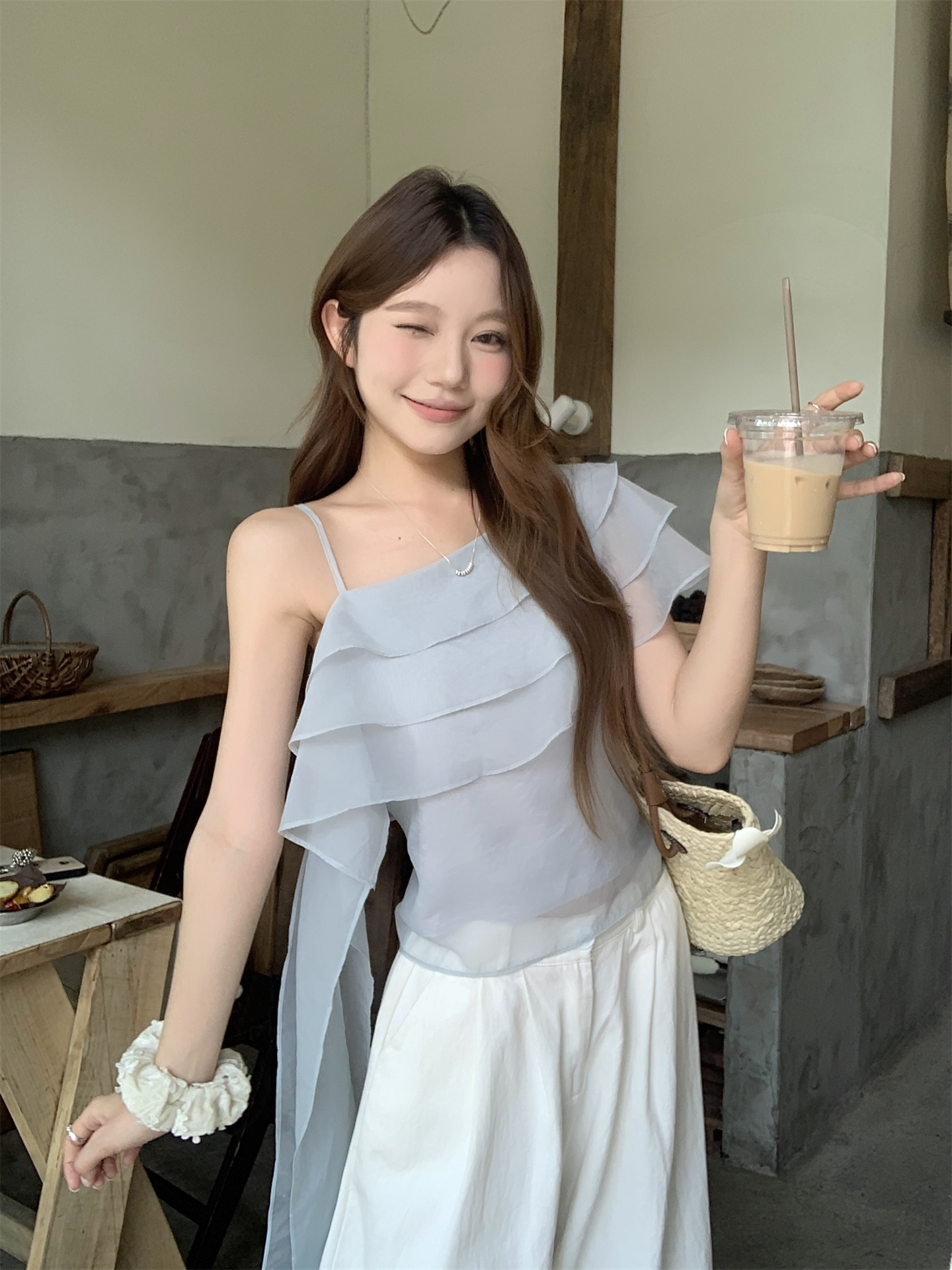 French Style Sleeveless Chiffon Blouse with Ruffle and Ribbon Detail - Image 4