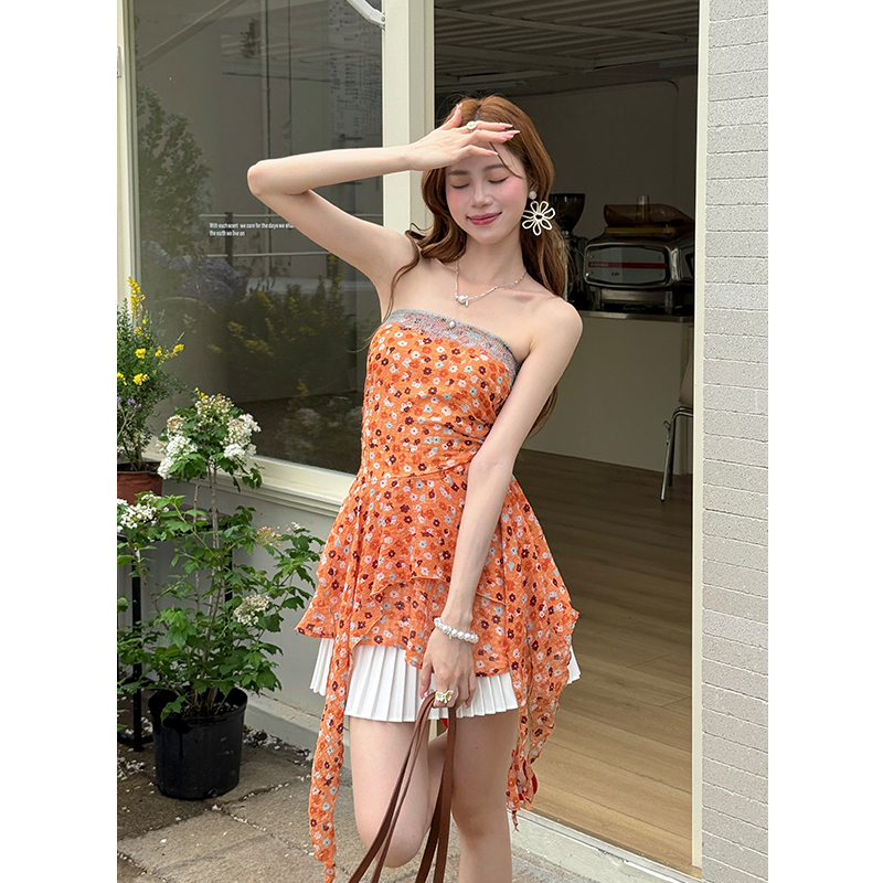 Women’s Summer Lace Panel Tube Top Irregular Floral Chiffon Shirt