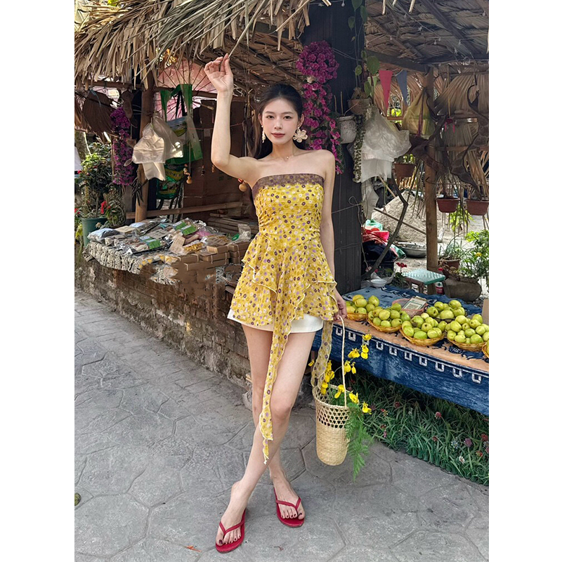 Women's Summer Lace Panel Tube Top Irregular Floral Chiffon Shirt - Image 4