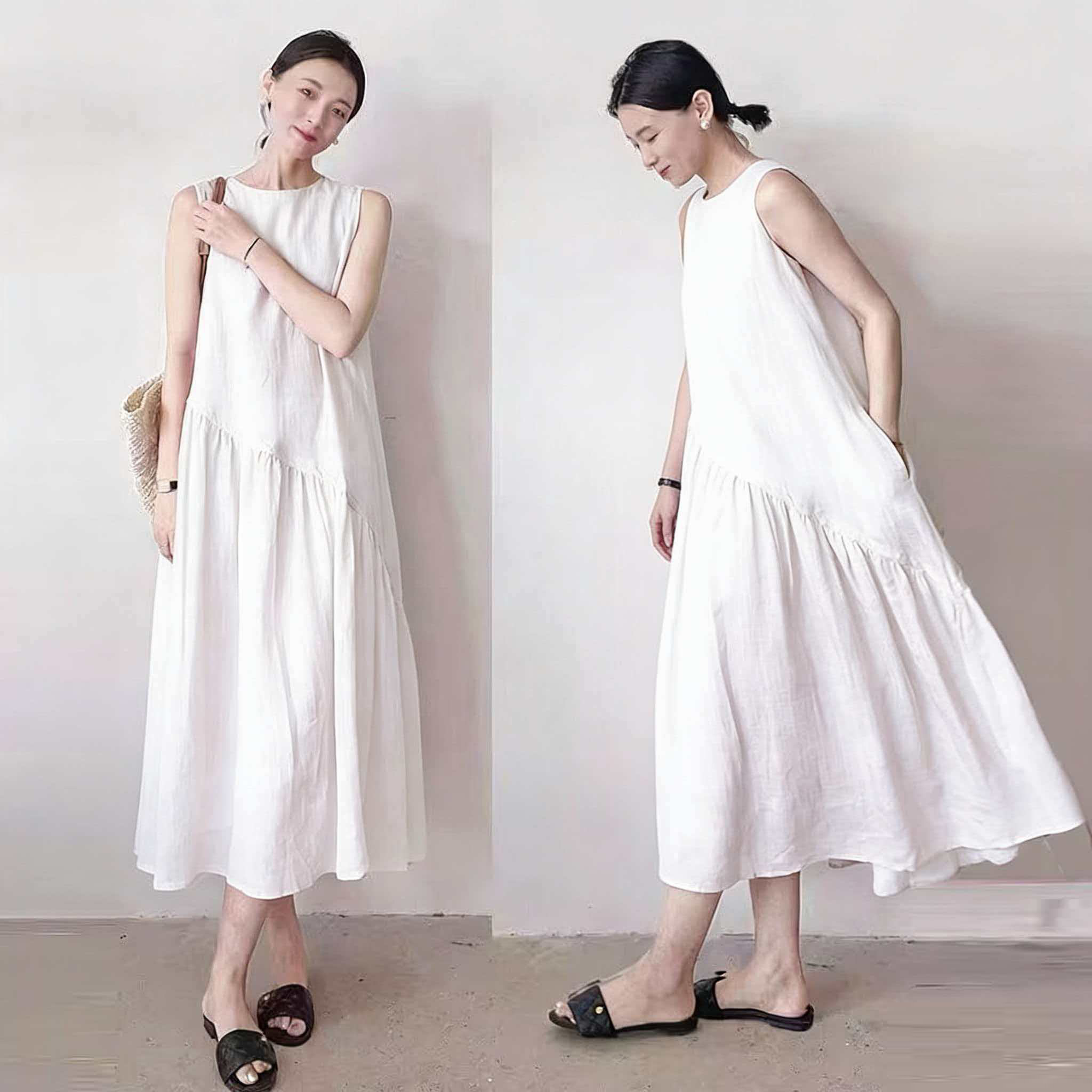 Summer Cotton Linen Dress Women Plus Size Loose Sleeveless Solid A-Line Long Dress - Image 5