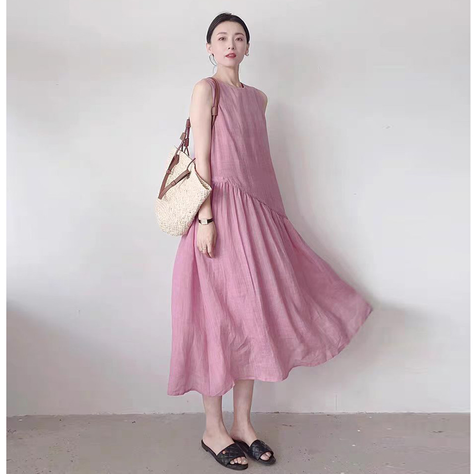 Summer Cotton Linen Dress Women Plus Size Loose Sleeveless Solid A-Line Long Dress - Image 3