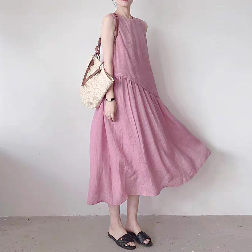 Summer Cotton Linen Dress Women Plus Size Loose Sleeveless Solid A-Line Long Dress