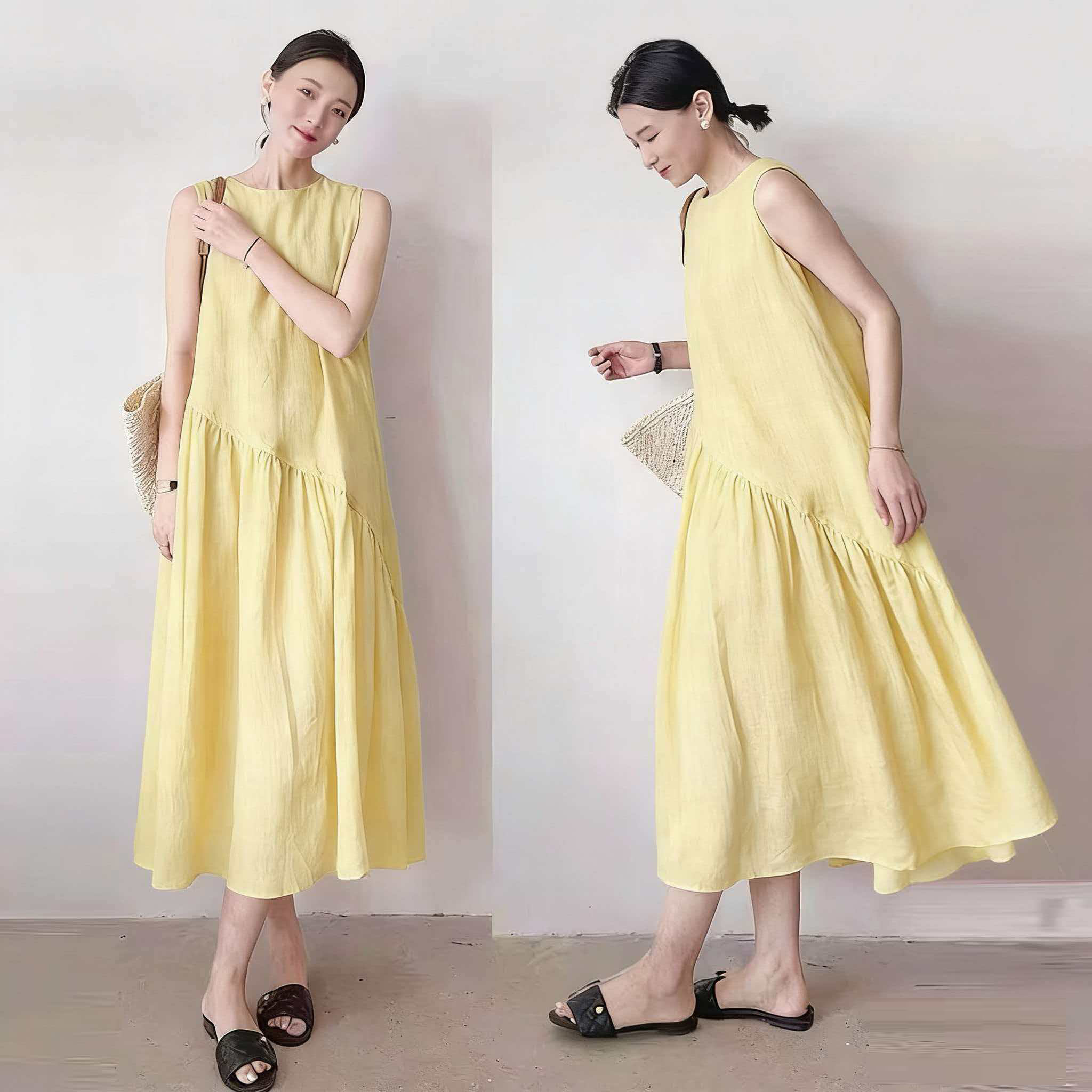 Summer Cotton Linen Dress Women Plus Size Loose Sleeveless Solid A-Line Long Dress