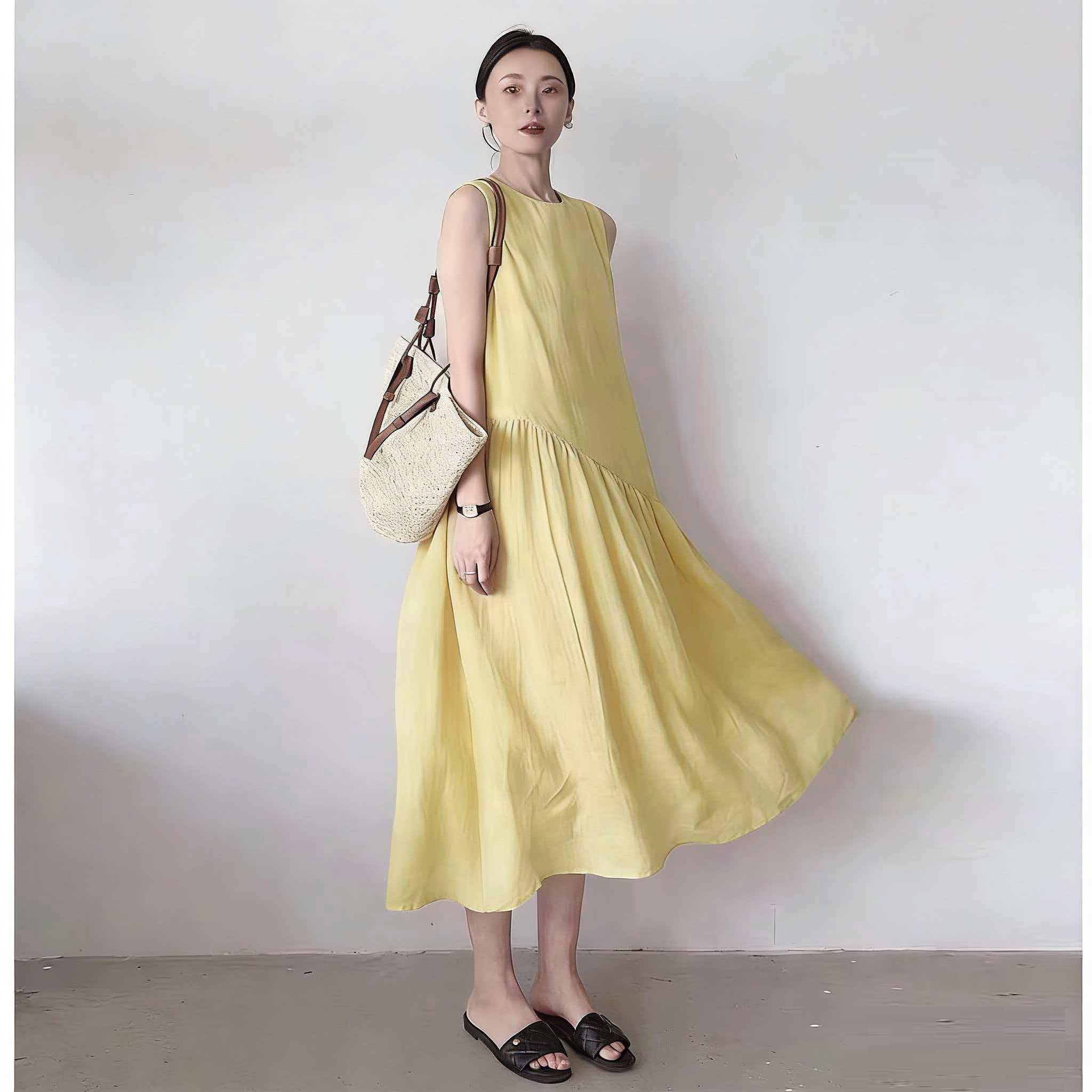 Summer Cotton Linen Dress Women Plus Size Loose Sleeveless Solid A-Line Long Dress - Image 4