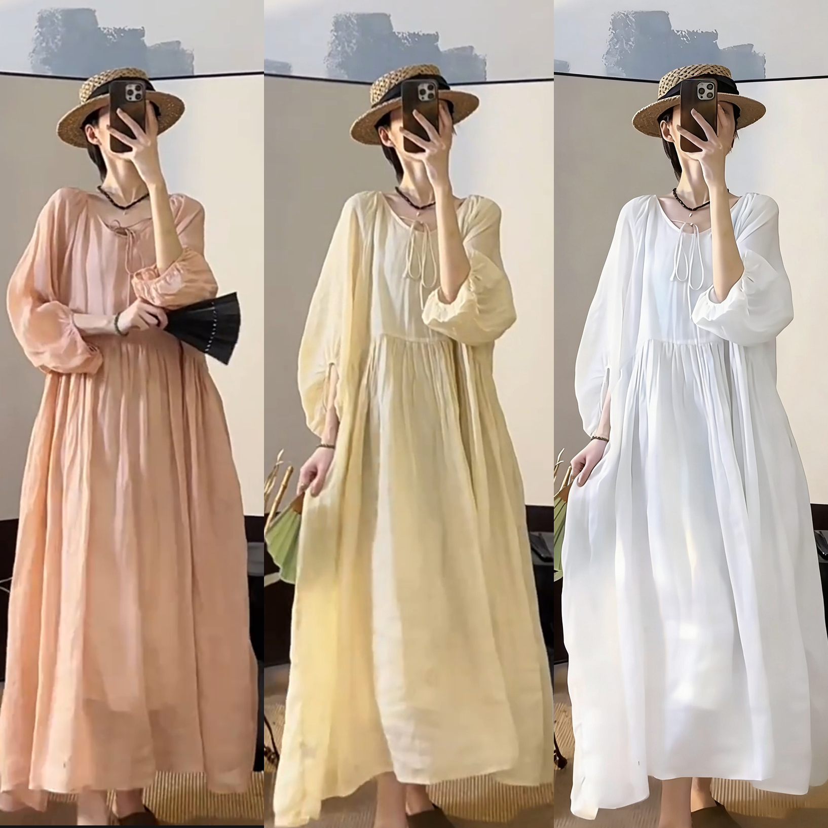 Autumn New Plus Size Women’s Pink Pure Ramie Solid V-Neck Tie Dress Loose Women’s Skirt