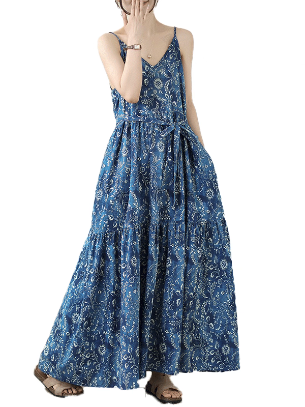 Summer New Loose Artistic Fashion Print Long V-Neck Pure Cotton Slip Dress Vacation Style Long Skirt - Image 4