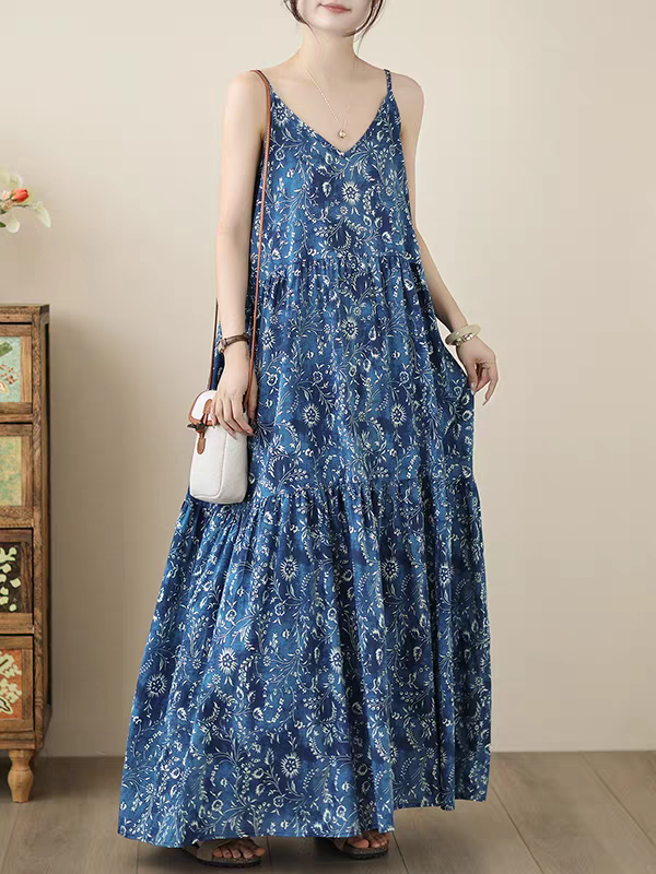 Summer New Loose Artistic Fashion Print Long V-Neck Pure Cotton Slip Dress Vacation Style Long Skirt