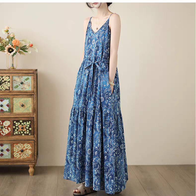 Summer New Loose Artistic Fashion Print Long V-Neck Pure Cotton Slip Dress Vacation Style Long Skirt