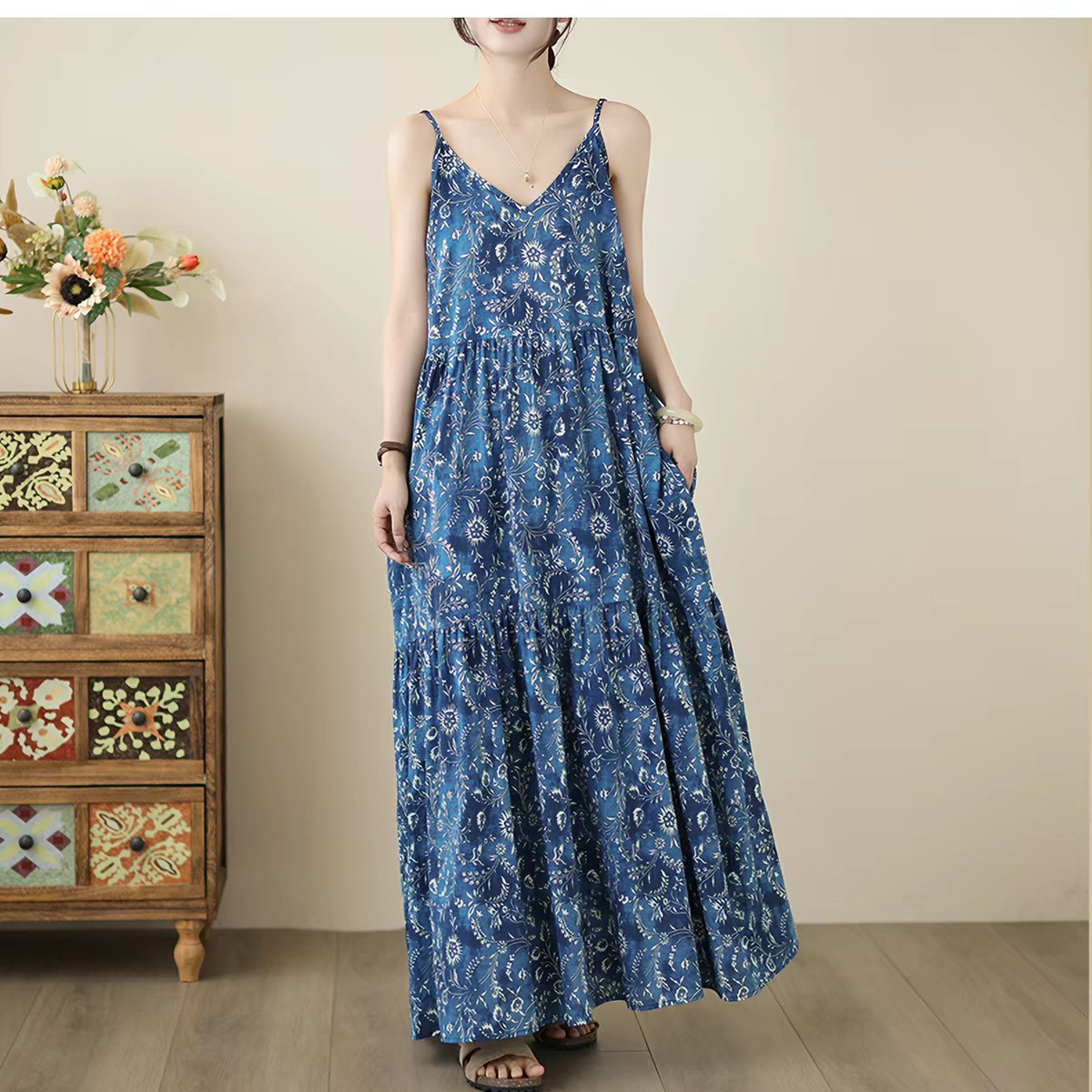 Summer New Loose Artistic Fashion Print Long V-Neck Pure Cotton Slip Dress Vacation Style Long Skirt - Image 3