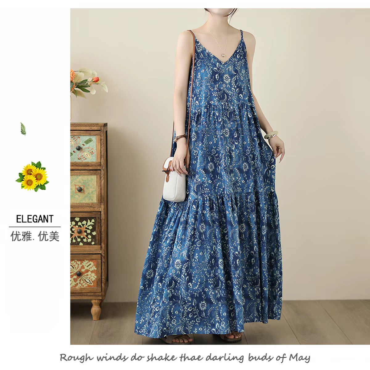 Summer New Loose Artistic Fashion Print Long V-Neck Pure Cotton Slip Dress Vacation Style Long Skirt - Image 5