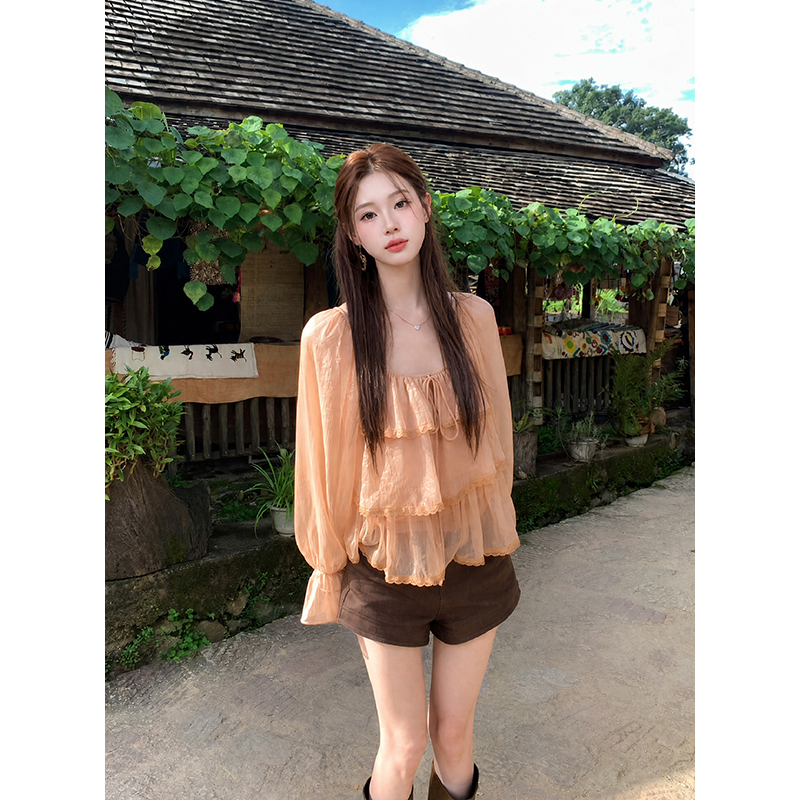 French Square Neck Tie Long Sleeve Shiny Chiffon Blouse for Women