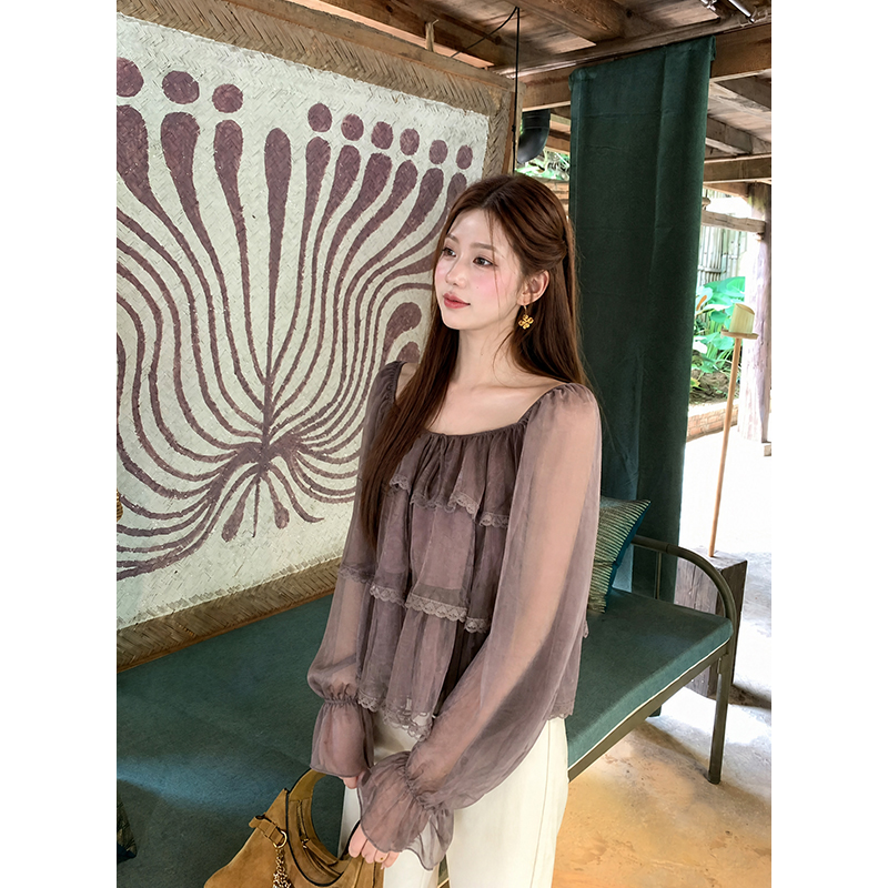 French Square Neck Tie Long Sleeve Shiny Chiffon Blouse for Women - Image 3