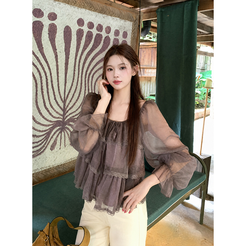French Square Neck Tie Long Sleeve Shiny Chiffon Blouse for Women - Image 5